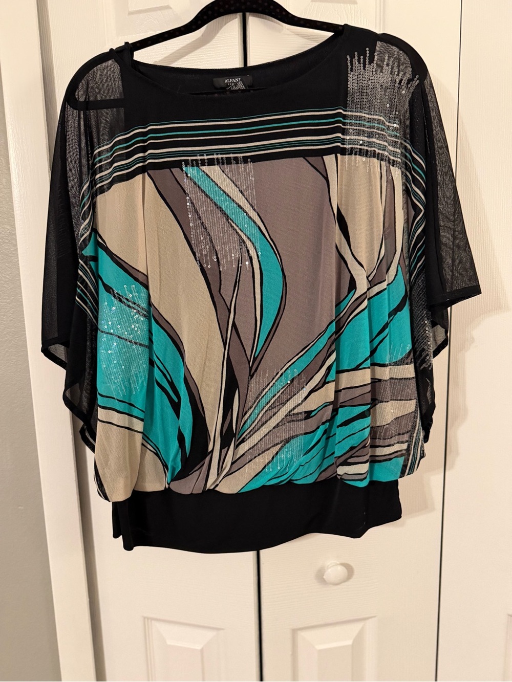 Alfani Black Tunic Top with Teal and Beige Abstract Print